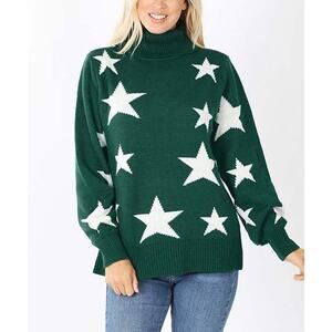 Zenana Hunter Green & Ivory Star Bishop-Sleeve Turtleneck (XLarge)